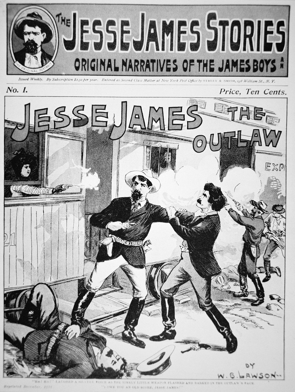 Przednia okładka „The Jesse James Stories” wydrukowana 1898 (lito) autorstwa American School