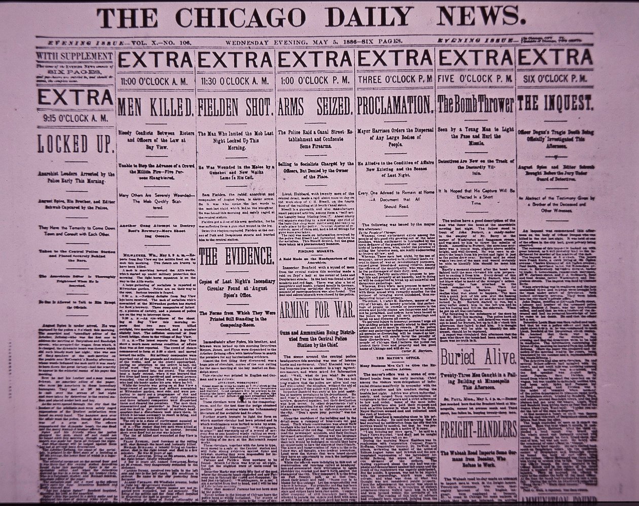 Pierwsza strona Chicago Daily News donosząca o zamieszkach robotniczych w Chicago Haymarket, 5 maja 1886 (druk gazetowy) autorstwa American School