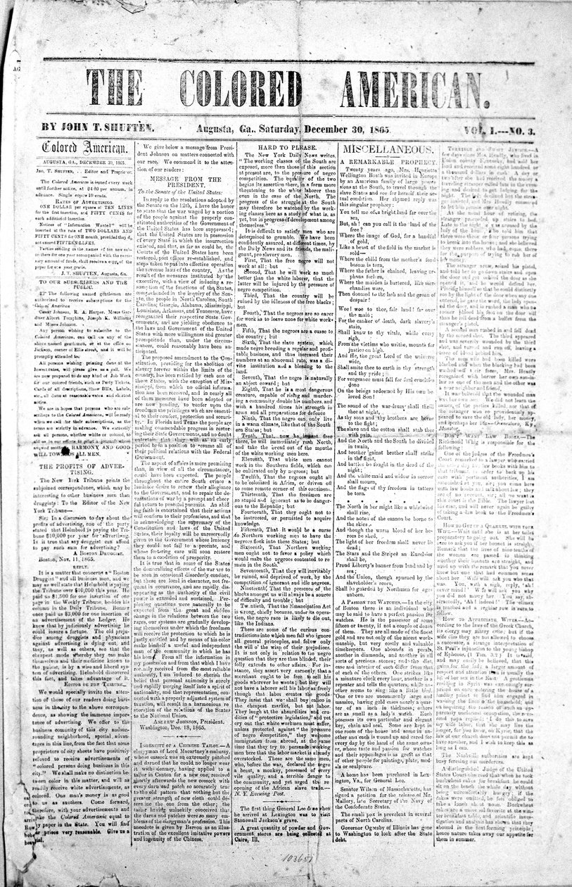 Strona tytułowa The Coloured American, 30 grudnia 1865 (druk) autorstwa American School
