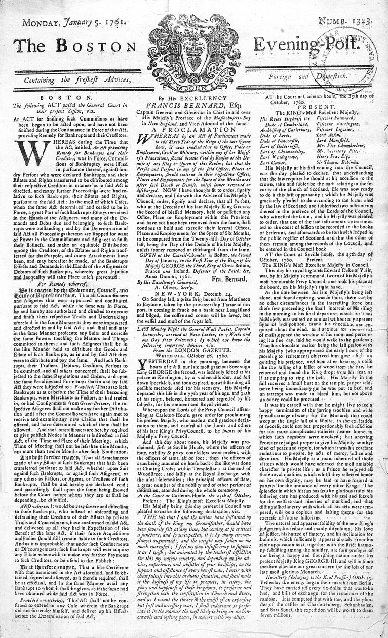 Strona tytułowa Boston Evening Post ogłaszająca śmierć króla Jerzego II (1683-1760), 5 stycznia 1761 (druk) autorstwa American School