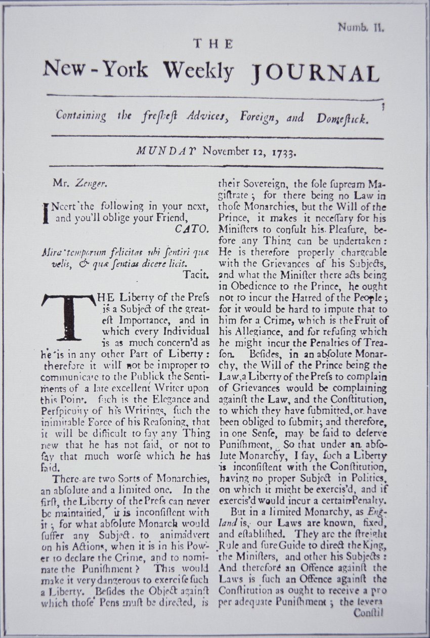 Pierwsza strona New-York Weekly Journal omawiająca wolność prasy autorstwa American School