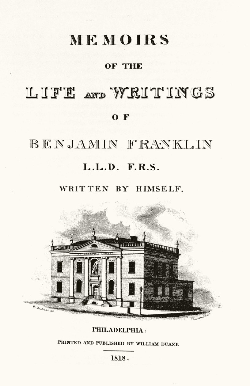 Frontyspicjum autobiografii „Pamiętniki życia i pisma Benjamina Franklina” autorstwa Benjamina Franklina. Wydanie z 1818 roku. autorstwa American School