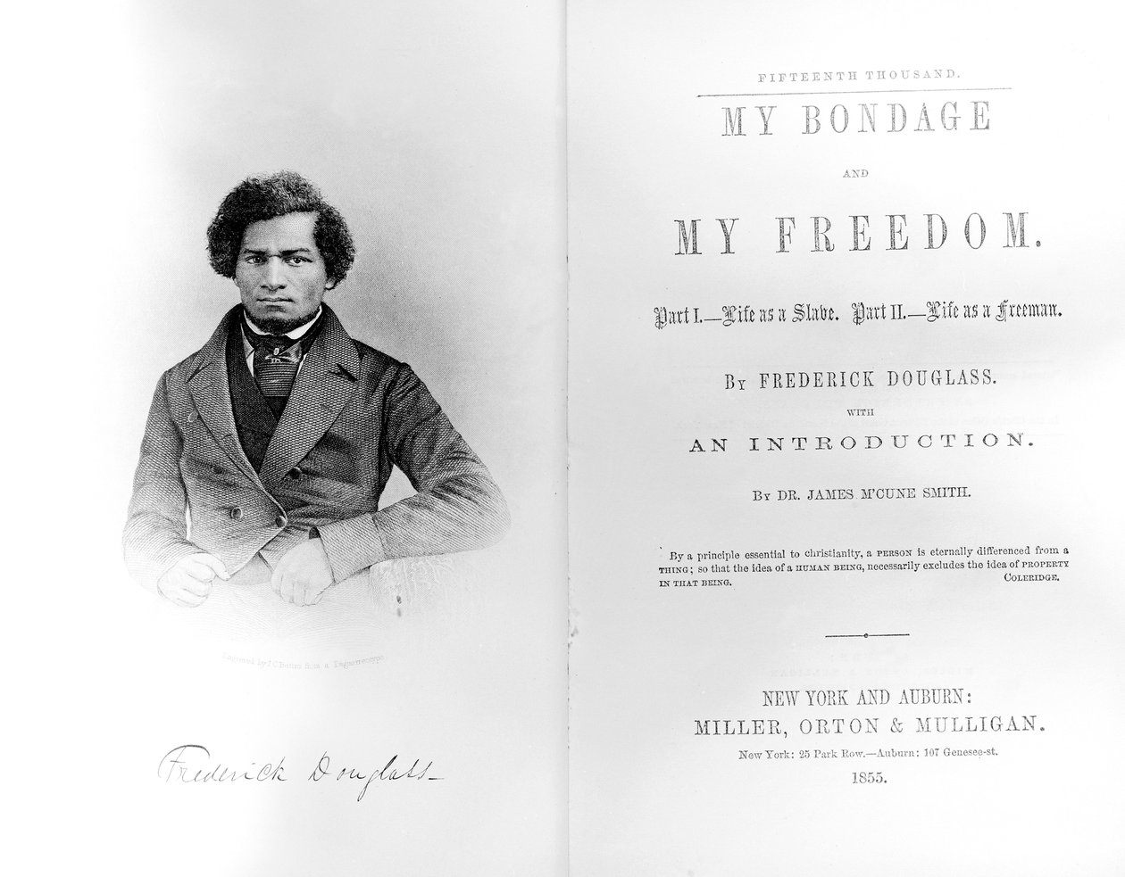 Frontyspis i strona tytułowa do książki Moja niewola i moja wolność autorstwa Fredericka Douglassa (1818-95) wydana w 1855 r. (druk) autorstwa American School