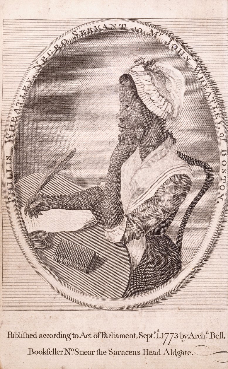 Frontyspisowy portret autora, Phillisa Wheatleya, z książki „Wiersze na różne tematy, religijne i moralne” autorstwa American School