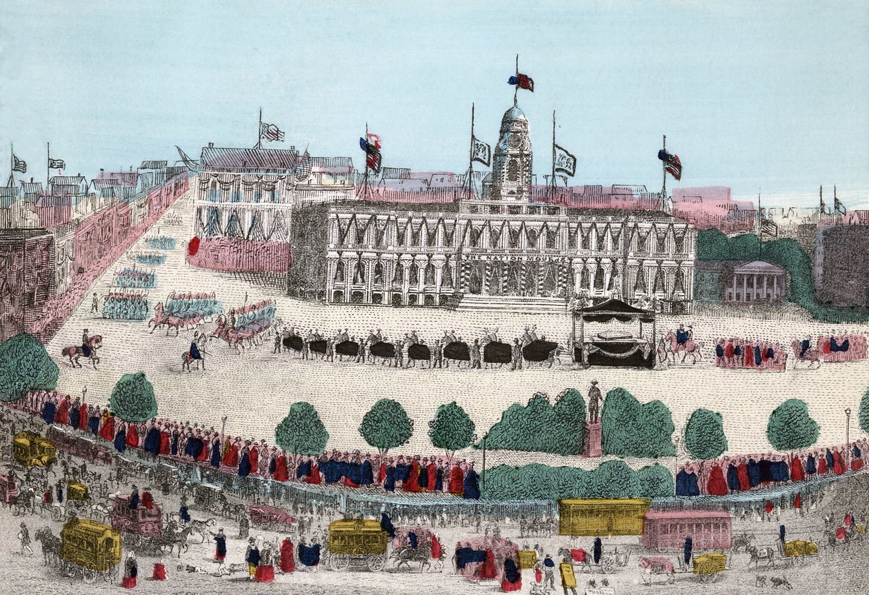Kondukt pogrzebowy Abrahama Lincolna, 25 kwietnia 1865 w Nowym Jorku, wyd. 1865 (ręcznie kolorowane grawerowanie) autorstwa American School