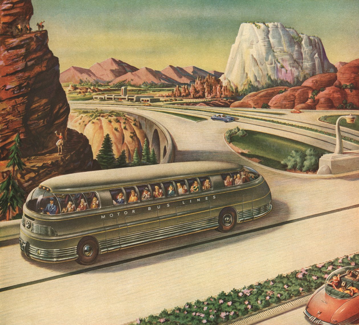 Futurystyczny autobus pasażerski podróżujący autostradą na południowym zachodzie Ameryki autorstwa American School