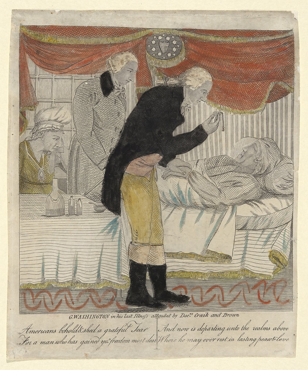 G. Washington w swojej ostatniej chorobie, z udziałem doktorów Craika i Browna, wyd. ok. 1800 (ręcznie kolorowane grawerowanie) autorstwa American School
