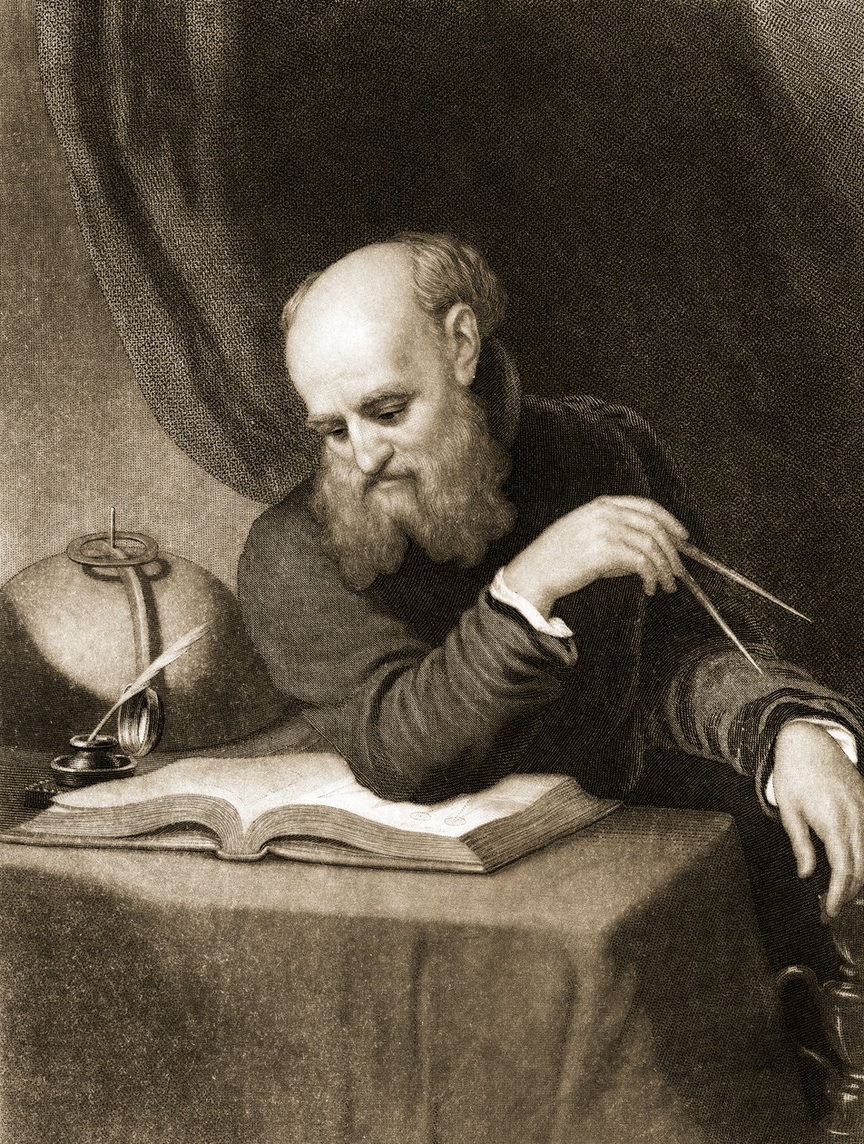 Galileusz z kompasem i diagramami, ok. 1880 r. (rycina) autorstwa American School