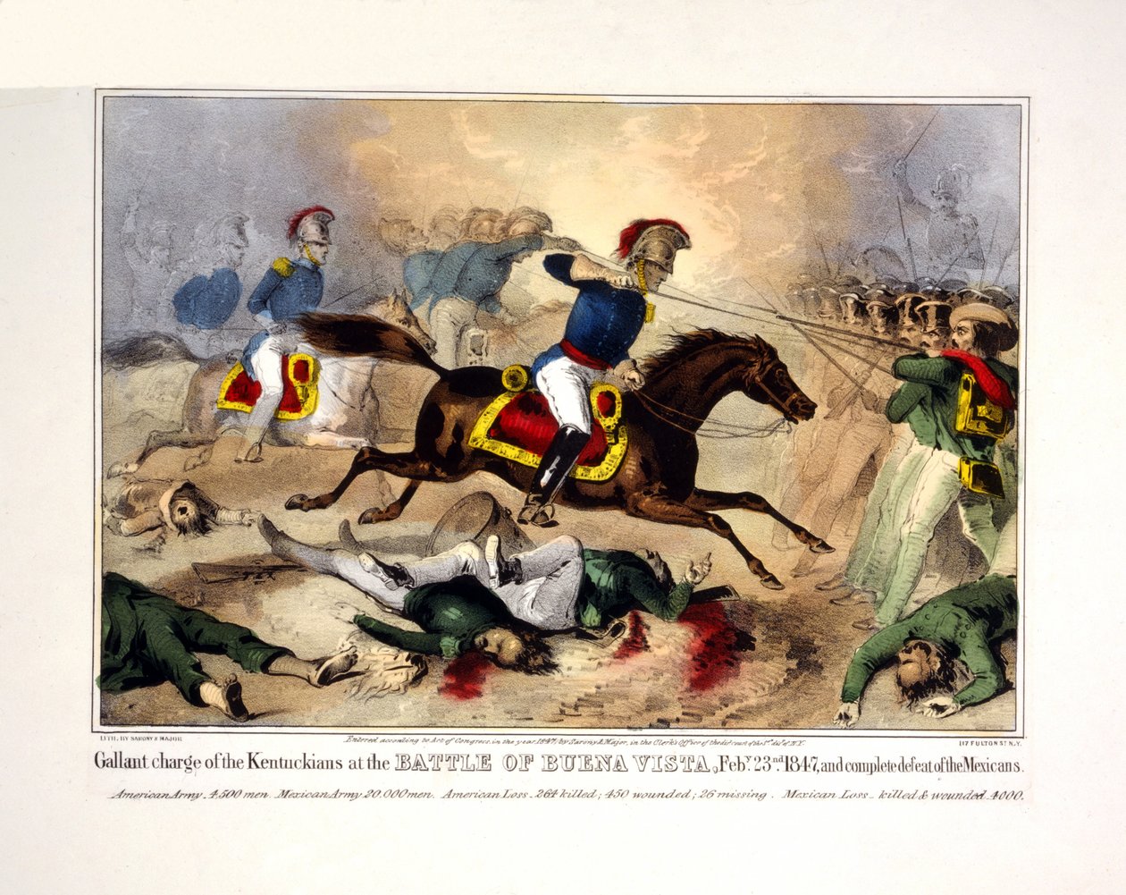 Waleczna szarża Kentuckians w bitwie pod Buena Vista, Feby. 23. 1847 i całkowita klęska Meksykanów, wyd. 1847 (ręcznie kolorowana litografia) autorstwa American School