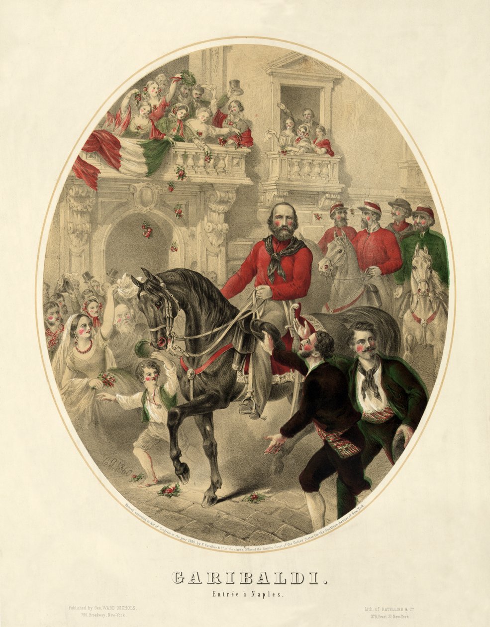 Garibaldi, entrée a Neapol, wyd. 1860 (grawerowanie ręcznie kolorowane) autorstwa American School