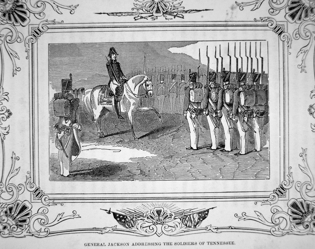 Generał Andrew Jackson rozmawia z Milicją Tennessee przed bitwą pod Horseshoe Bend, 27 marca 1814 r. autorstwa American School