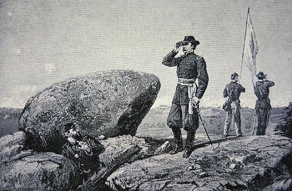 Generał G.K. Warren na stacji sygnalizacyjnej na Little Round Top, Bitwa pod Gettysburgiem autorstwa American School
