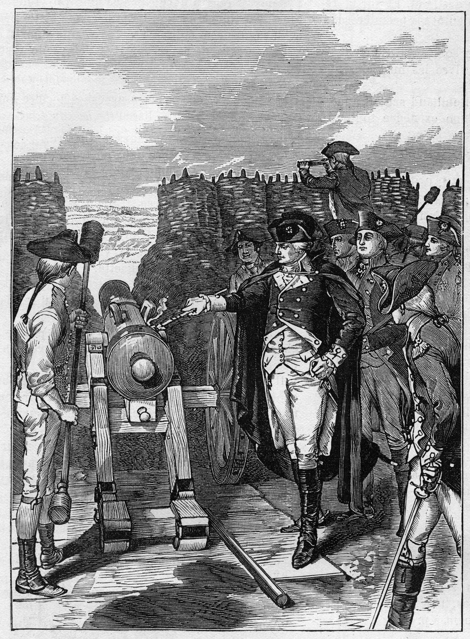 Generał George Washington i pierwsze wystrzelenie kanonika podczas oblężenia Yorktown w 1781 r. autorstwa American School