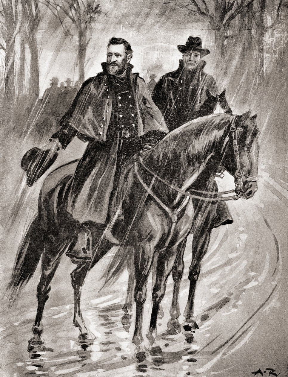 Generał Grant przeprowadzający rekonesans w deszczu w Belmont w stanie Missouri przed bitwą w 1861 r., na podstawie „The History of Our Country”, opublikowanej w 1905 r. (litho) autorstwa American School