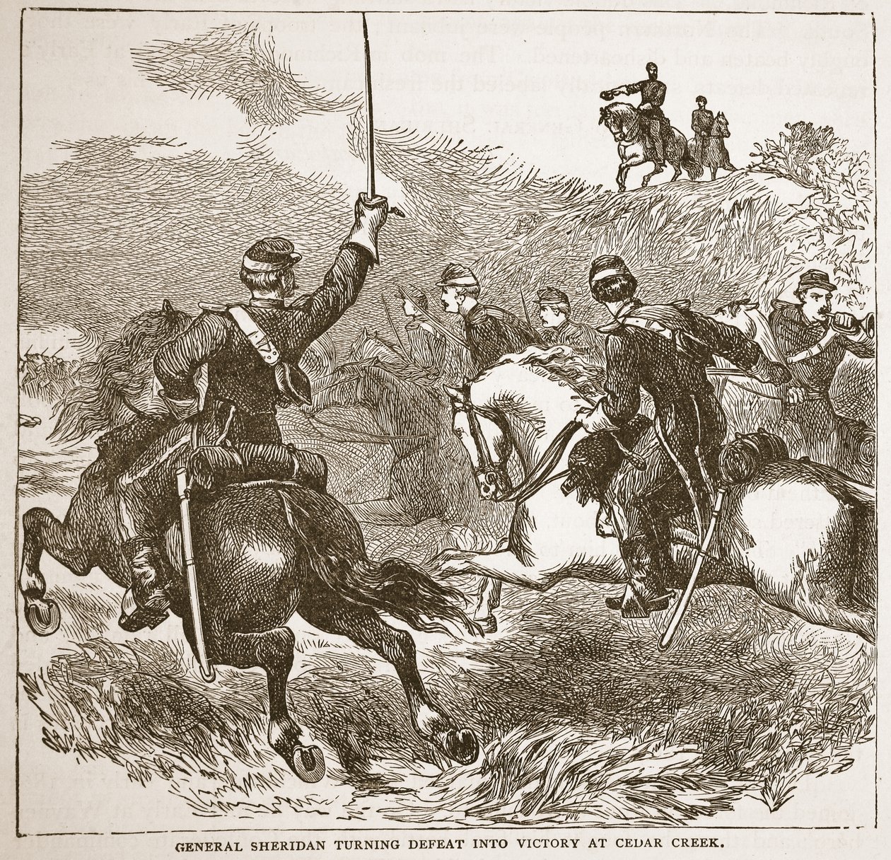 Generał Sheridan zamienia porażkę w zwycięstwo pod Cedar Creek z pubu książkowego. 1896 autorstwa American School
