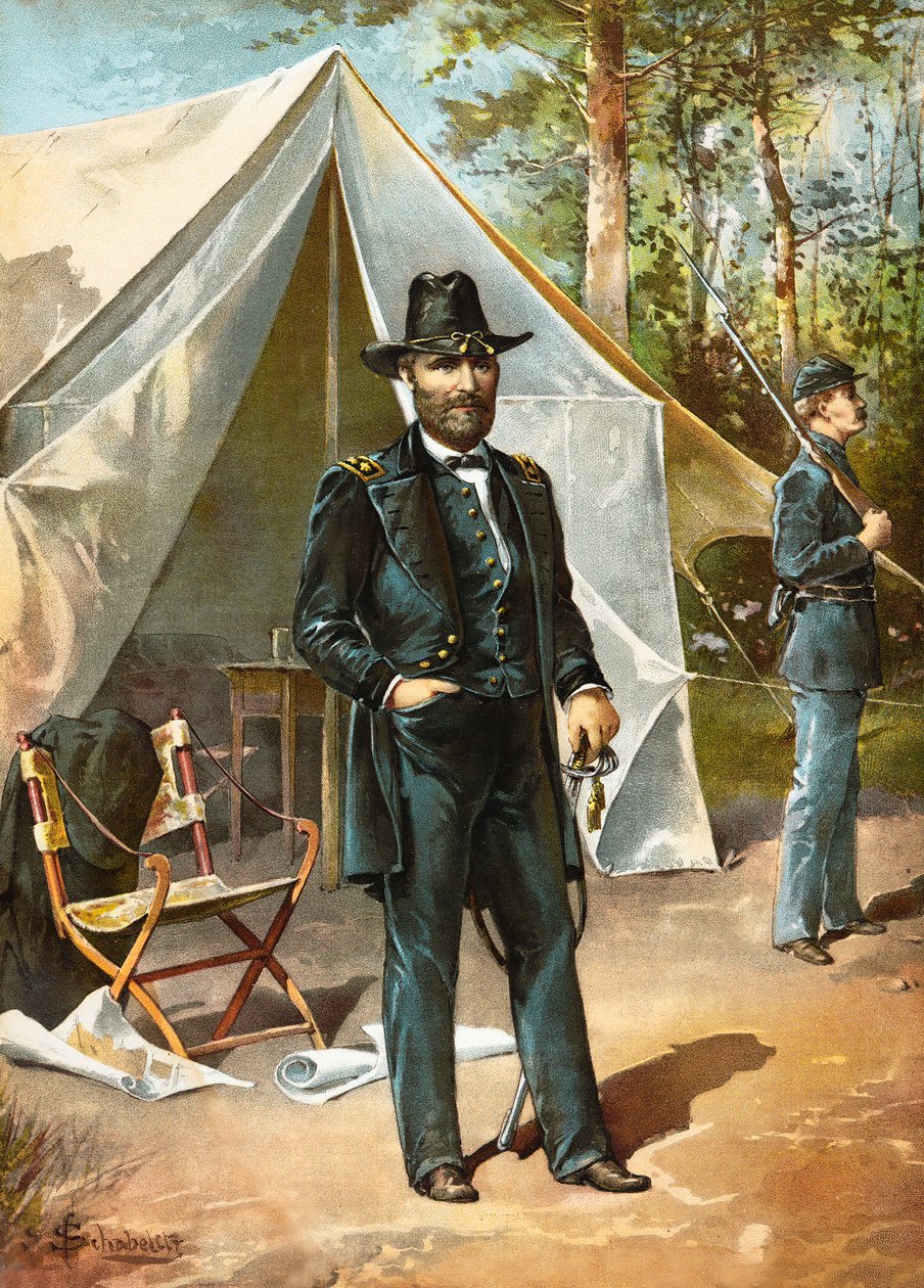 Generał Ulysses S Grant stojący przed swoim namiotem podczas wojny secesyjnej, pub. 1892 autorstwa American School
