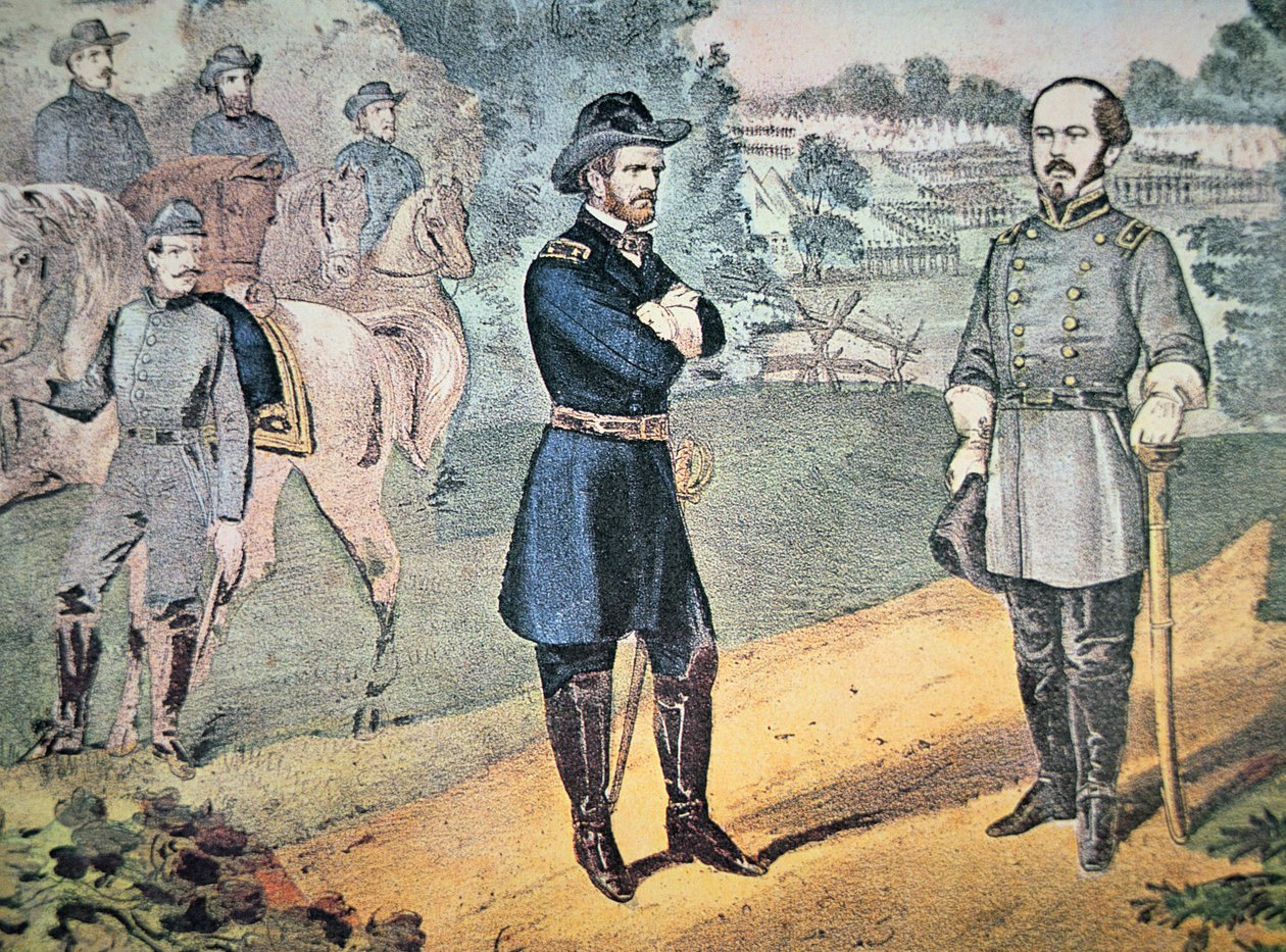 Generałowie Sherman i Johnson spotykają się, aby zaaranżować kapitulację sił Konfederacji w Północnej Karolinie w 1865 roku (kolor lito) autorstwa American School