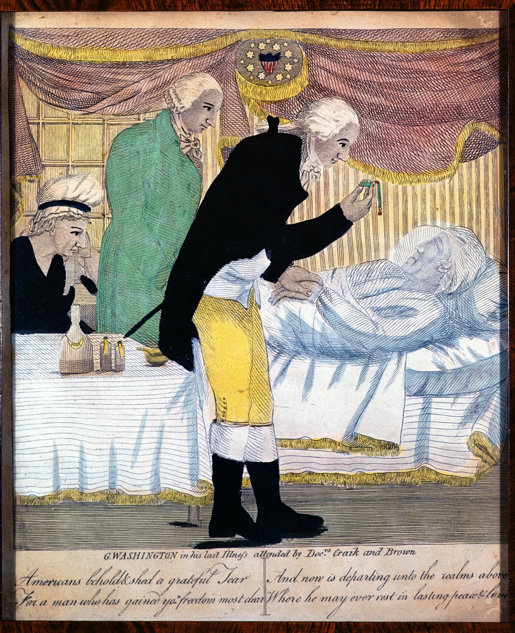 George Washington w swojej ostatniej chorobie, z udziałem lekarzy Craika i Browna, 1799 autorstwa American School