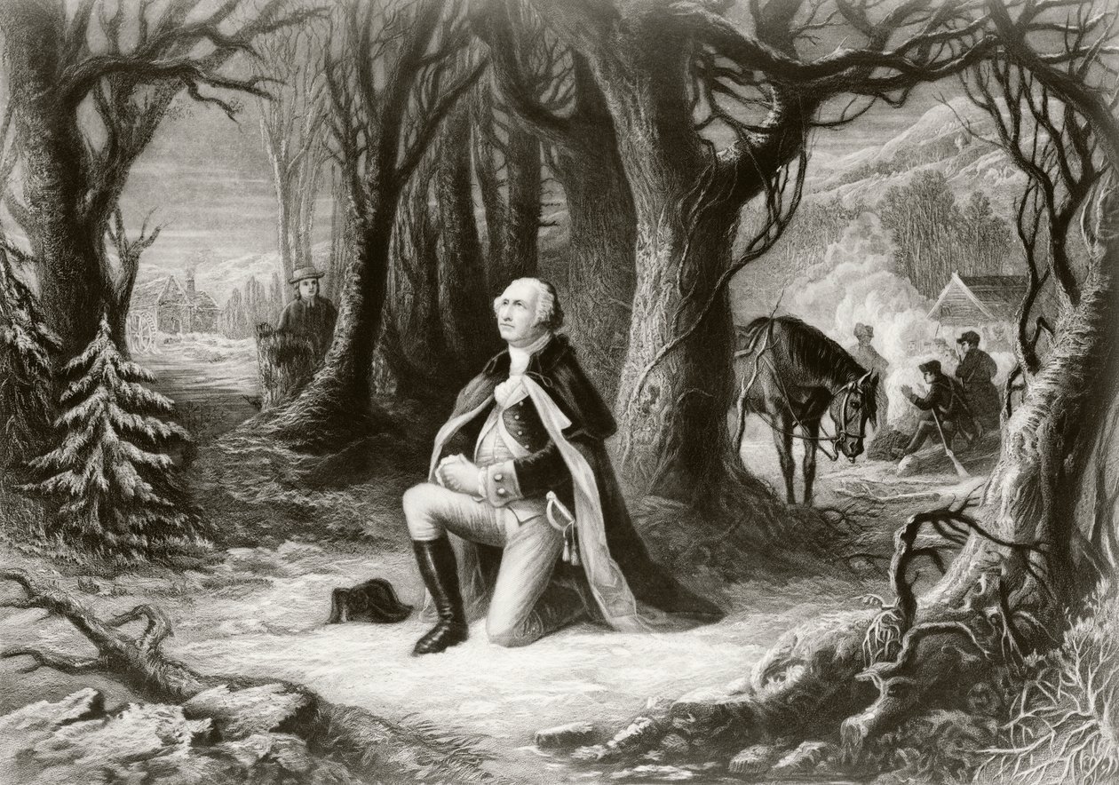George Washington modli się w obozie Valley Forge z czasów wojny o niepodległość Stanów Zjednoczonych zimą 1777-78, według obrazu Henry