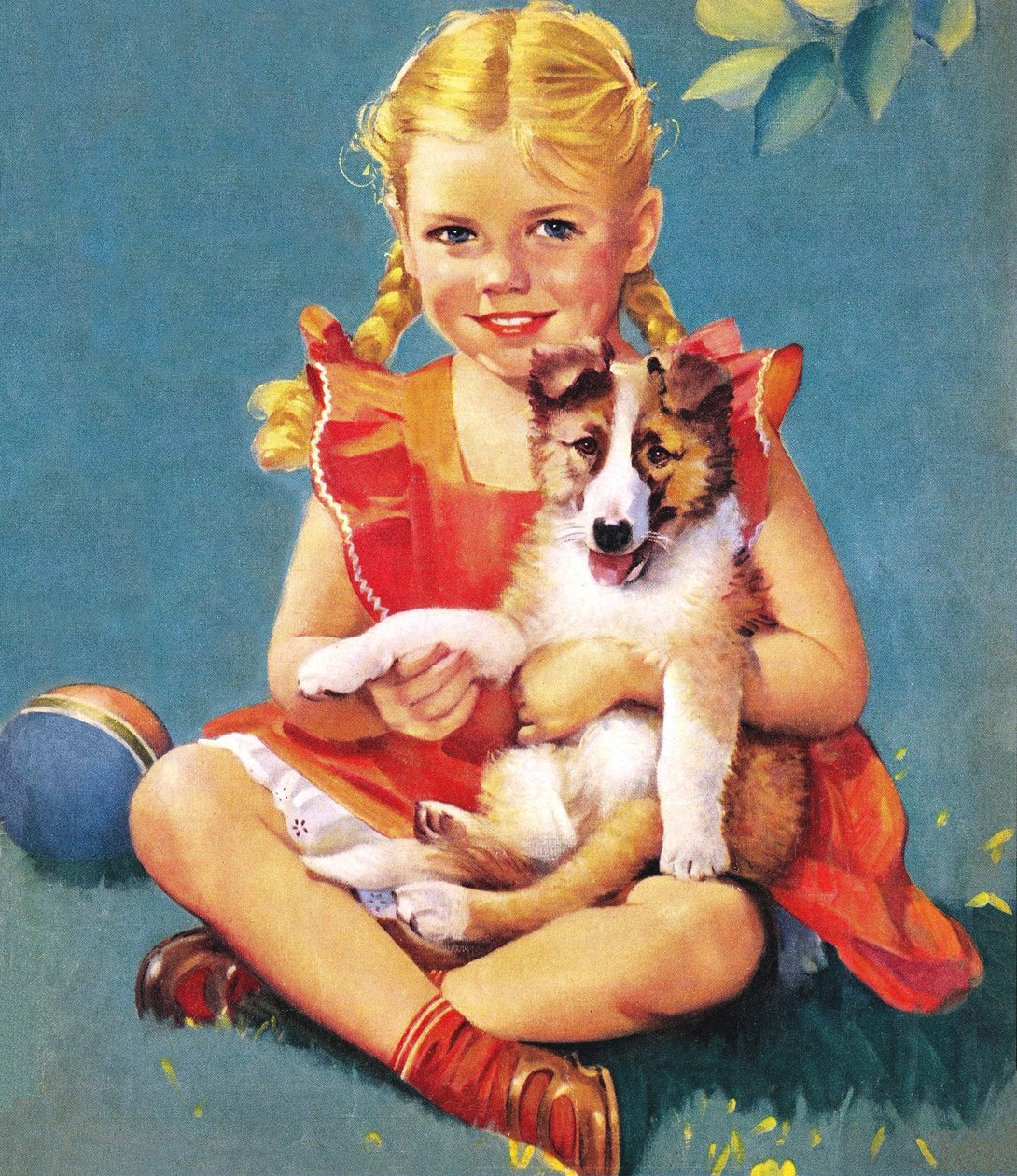 Dziewczyna trzymająca szczeniaka Collie autorstwa American School