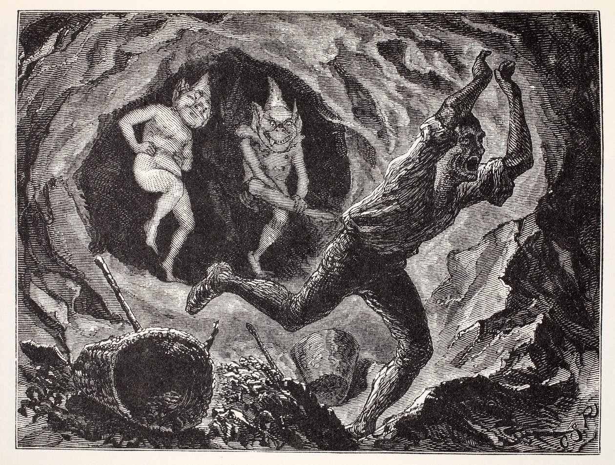 Gnomy przerażają górnika, z The World Guide to Gnomes, Fairies, Elves and Other Little People autorstwa Thomasa Keightleya (1789-1872) Opublikowano 1880 autorstwa American School