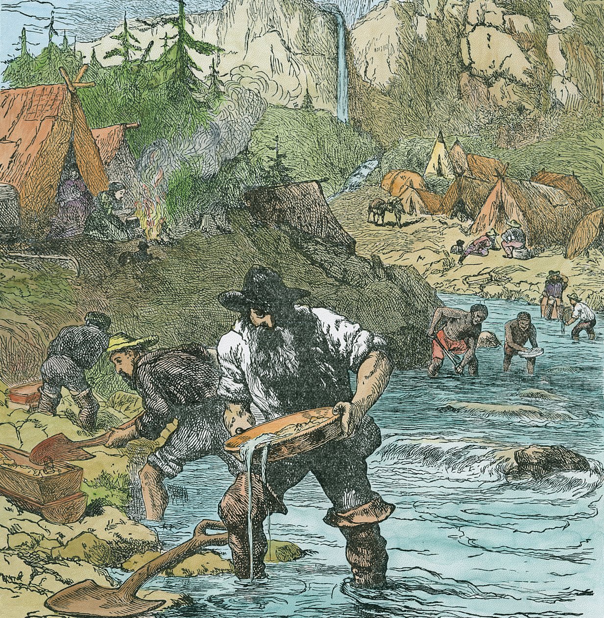 Gold Washing w Kalifornii, z pubu książkowego. 1896 (grawerowanie ręcznie kolorowane) autorstwa American School