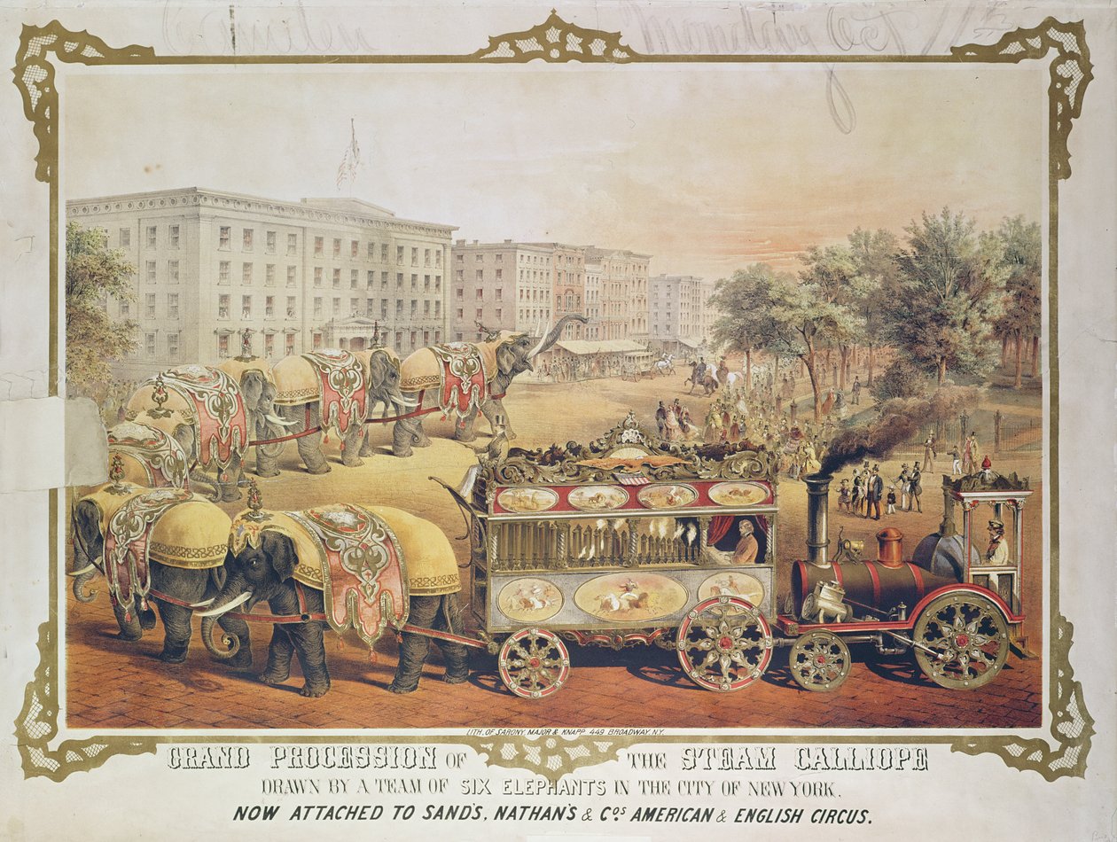 Wielka procesja Kaliopy Parowej ciągnięta przez zespół sześciu słoni w mieście Nowy Jork, 1857 autorstwa American School