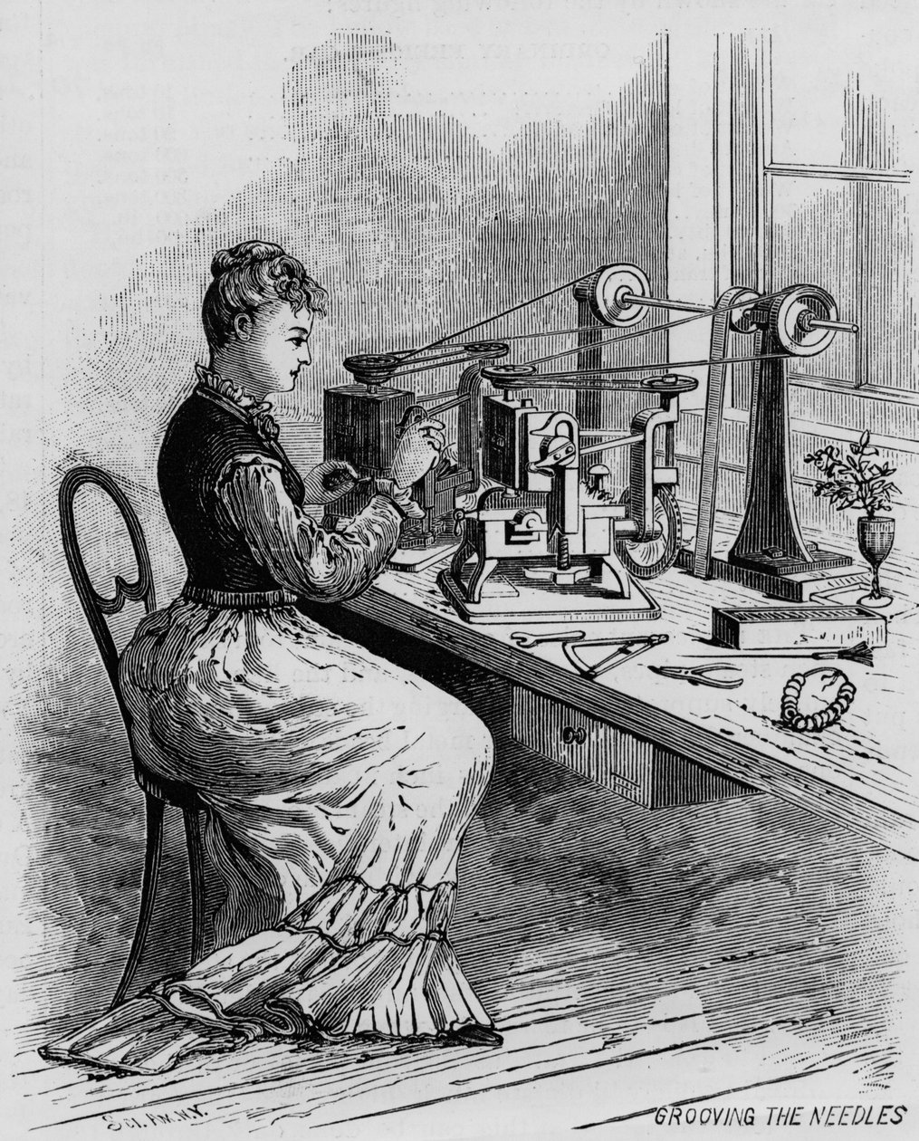 Grooving the Needles, ilustracja przedstawiająca produkcję maszyn do szycia z magazynu Scientific American, 1879 autorstwa American School