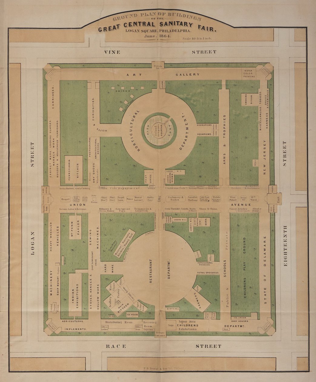 Plan budynków Wielkich Centralnych Targów Sanitarnych, Logan Square, czerwiec 1864 r. (kolorowa litografia) autorstwa American School