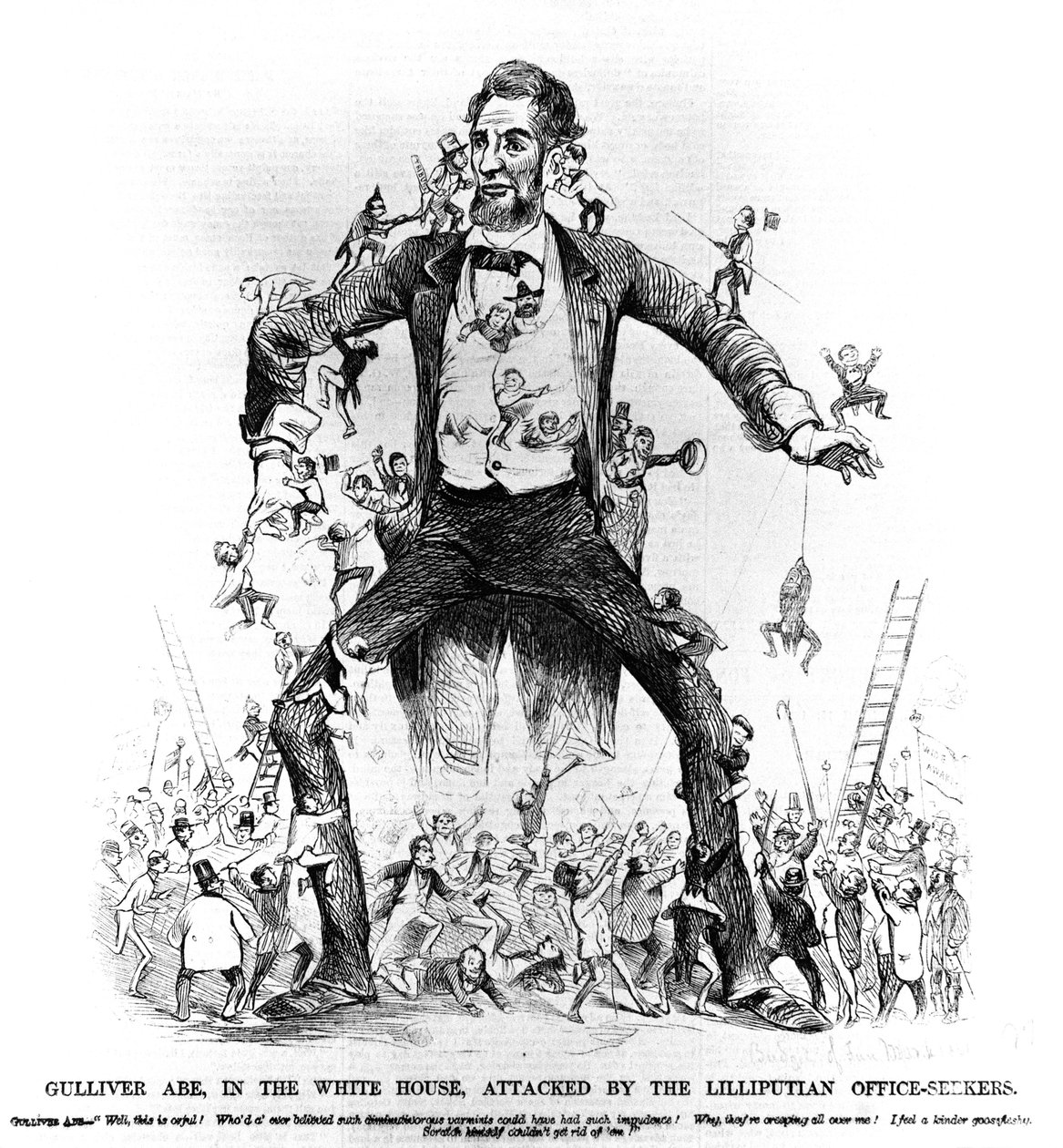 Gulliver Abe, w Białym Domu, zaatakowany przez Lilliputów poszukujących biura, z książki Frank Leslies Budget of Fun, 15 marca 1861 autorstwa American School
