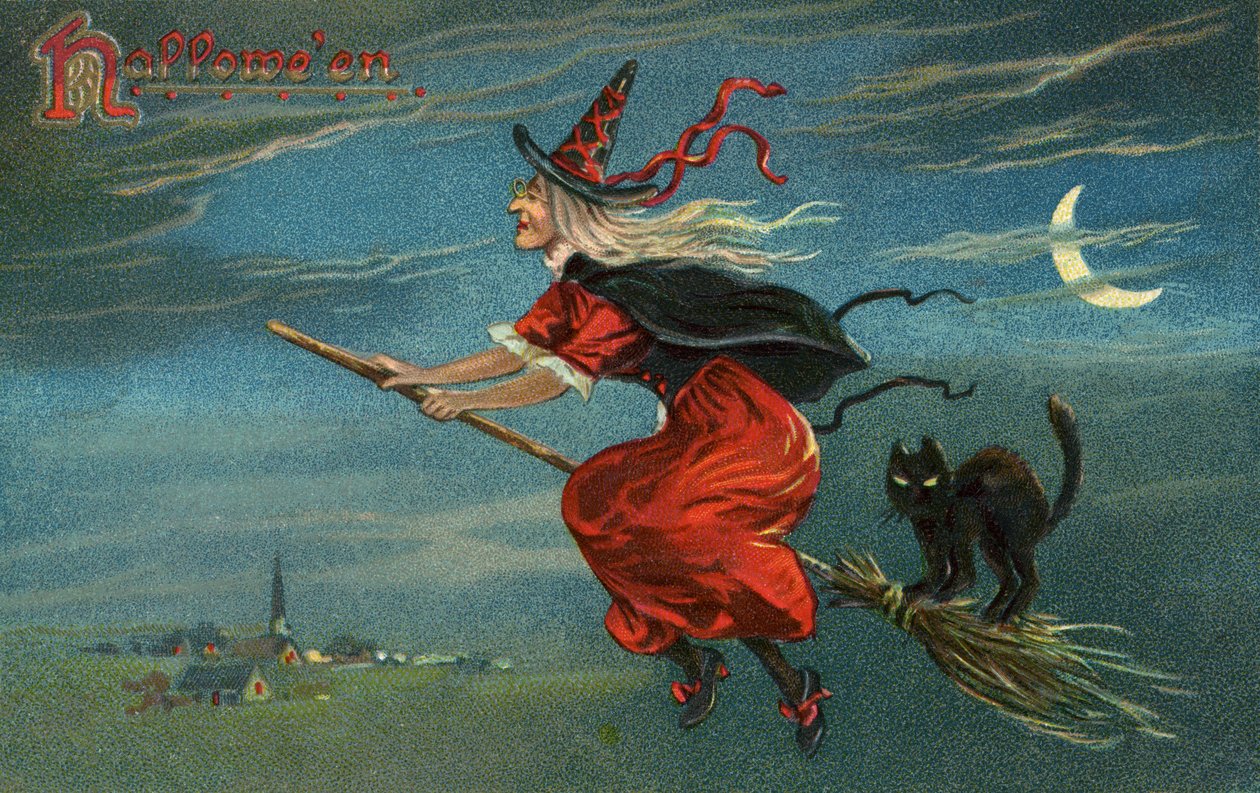 Halloweenowa czarownica i czarny kot jeżdżący nocą na miotle autorstwa American School
