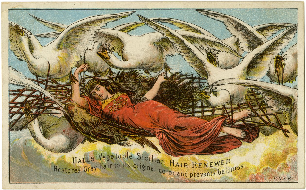 „Halls“ augalinis sicilietiškas plaukų atnaujinimas, atkuria žilus plaukus į pradinę spalvą ir apsaugo nuo nuplikimo, Recto (spalva lito [prekybos kortelė]) autorstwa American School