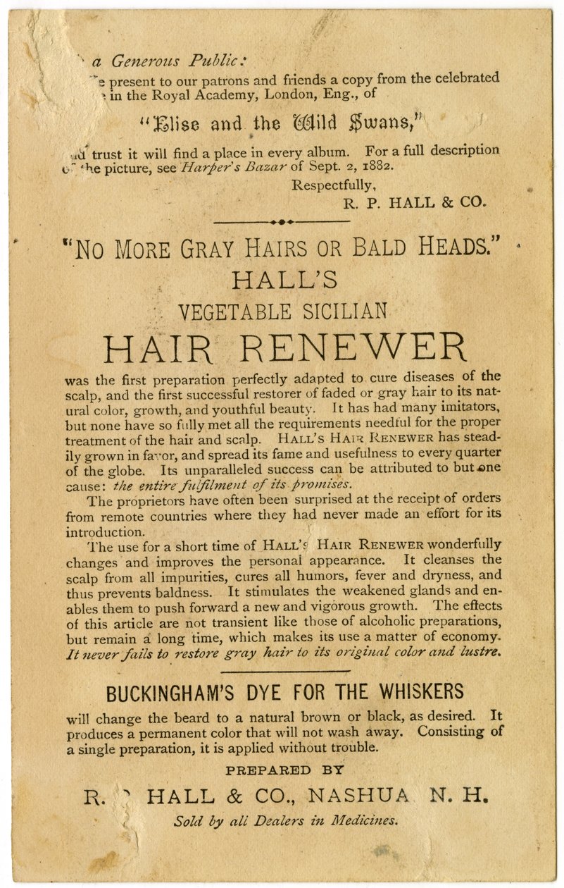 „Halls“ augalinis sicilietiškas plaukų atnaujinimas, atkuria žilus plaukus į pradinę spalvą ir apsaugo nuo nuplikimo. Verso, (litografija [prekybos kortelė])poli autorstwa American School