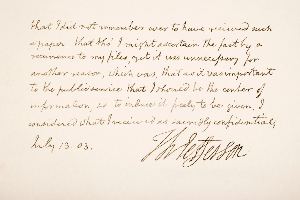 Pismo i podpis Thomasa Jeffersona, 1803 autorstwa American School