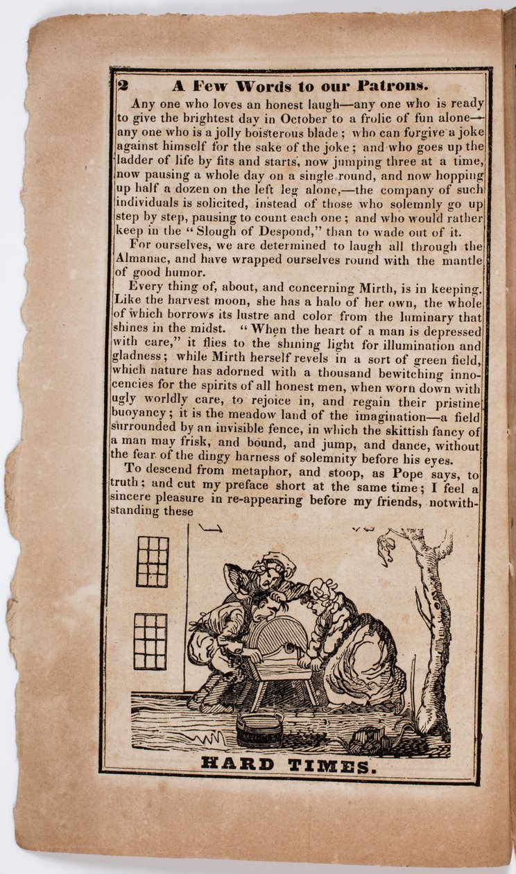 Ciężkie czasy, strona 2 z The American Comic Almanac dla 1838 r. autorstwa American School