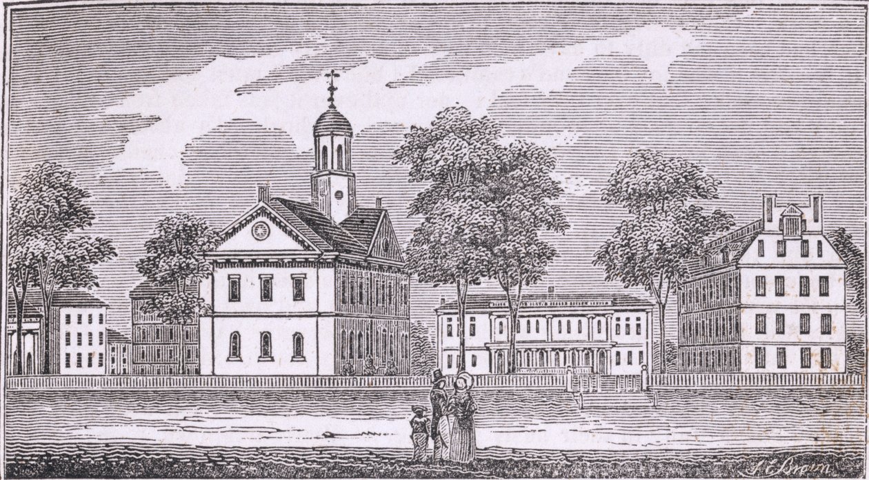 Harvard University, Cambridge, z „Historical Collections of Massachusetts” Johna Warnera Barbera, 1839 autorstwa American School