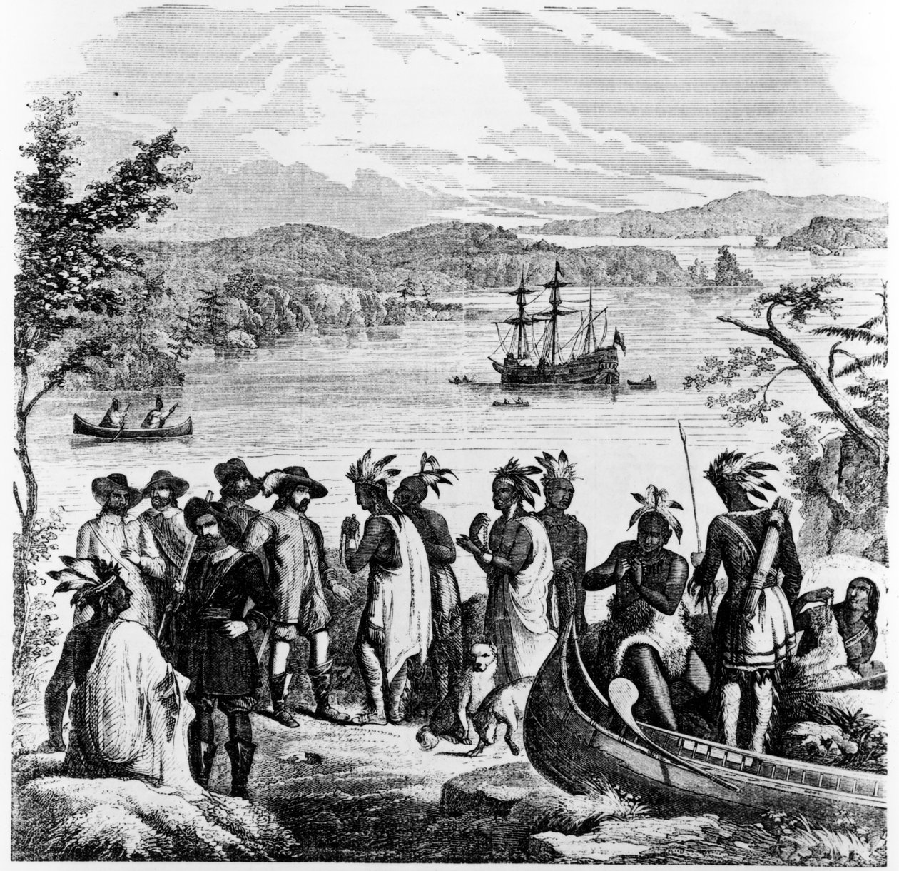 Henry Hudson schodząc z rzeki Hudson, ilustracja z książki Ballou