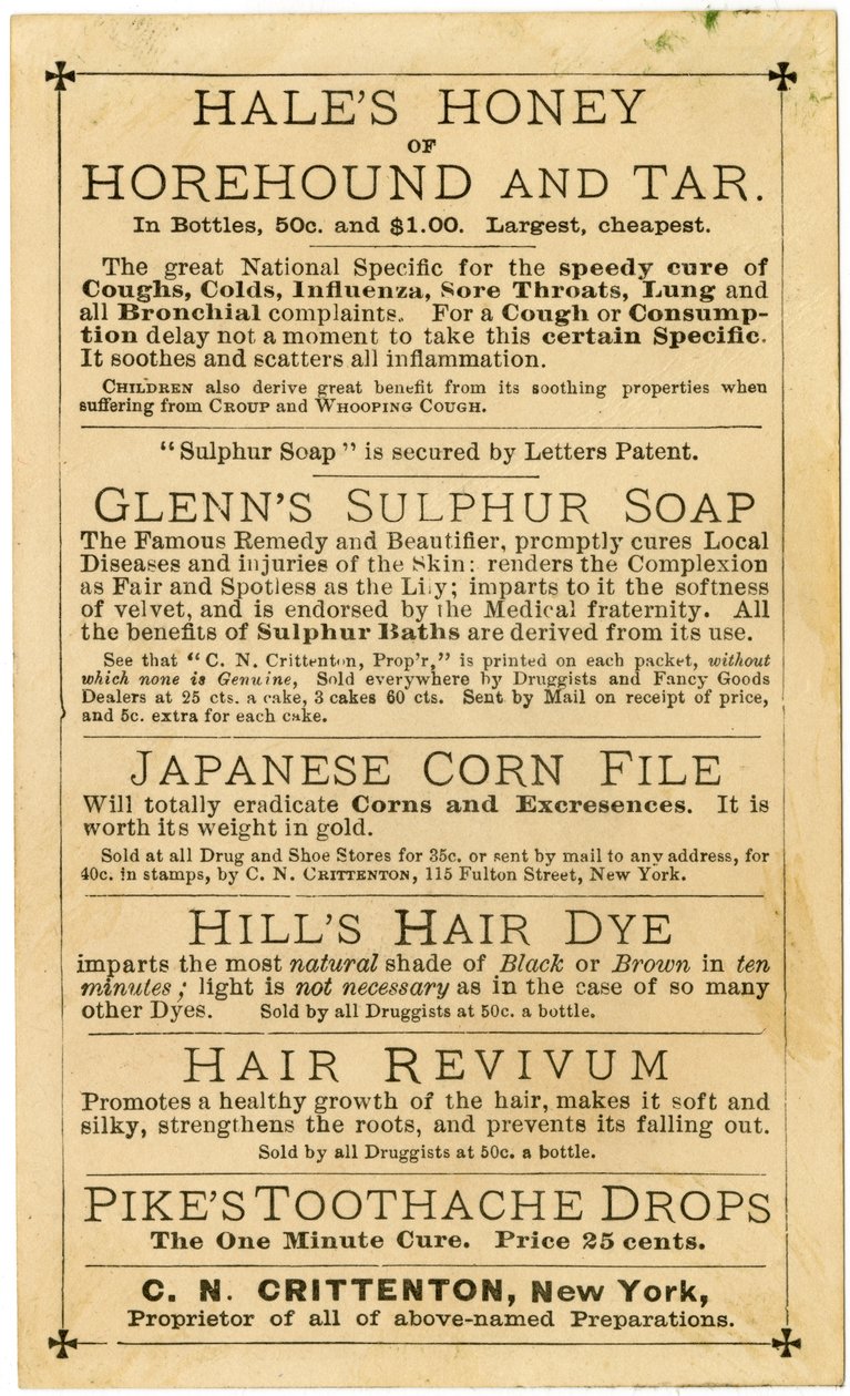 Hills Hair & Whisker Dye, Best Ever Invented, C.N. Crittenton, Właściciel, Nowy Jork, Karta handlowa, verso (lito [karta handlowa]) autorstwa American School