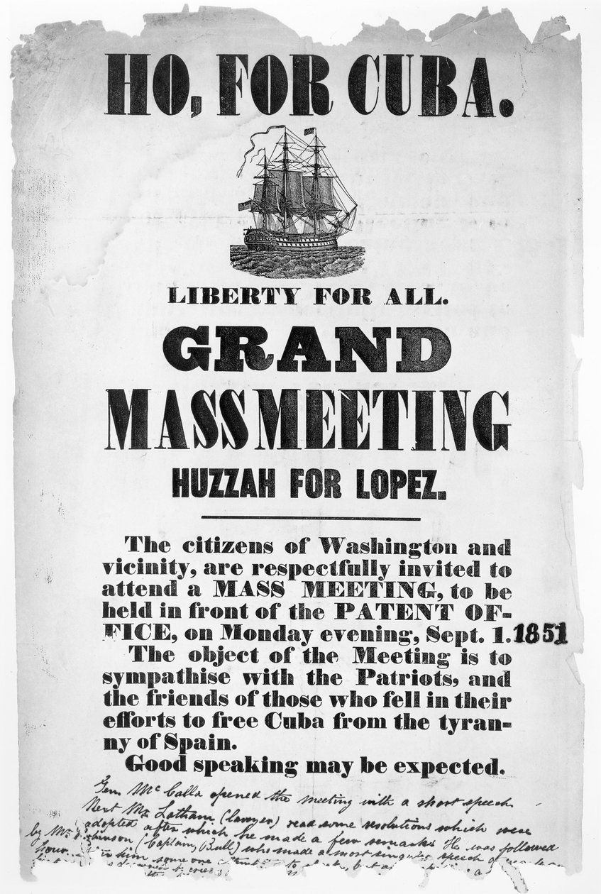 Ho, for Cuba, plakat reklamujący spotkanie dla uczczenia pamięci poległych w walce o wyzwolenie Kuby spod tyranii Hiszpanii, 1 września 1851 r. autorstwa American School