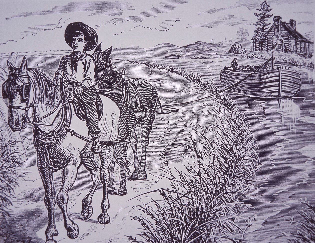 Konie ciągnące łódkę na ścieżce holowniczej, kanał Erie (rycina) autorstwa American School