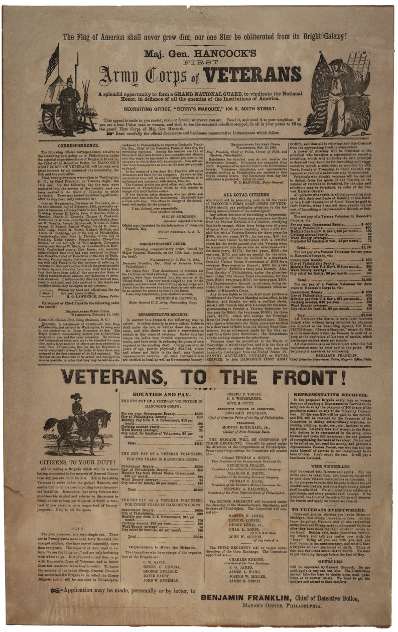 Ilustrowany plakat rekrutacyjny z Filadelfii dla generała dywizji Hancocks First Army Corps of Veterans, w tym Union man and Woman., luty 1865 autorstwa American School
