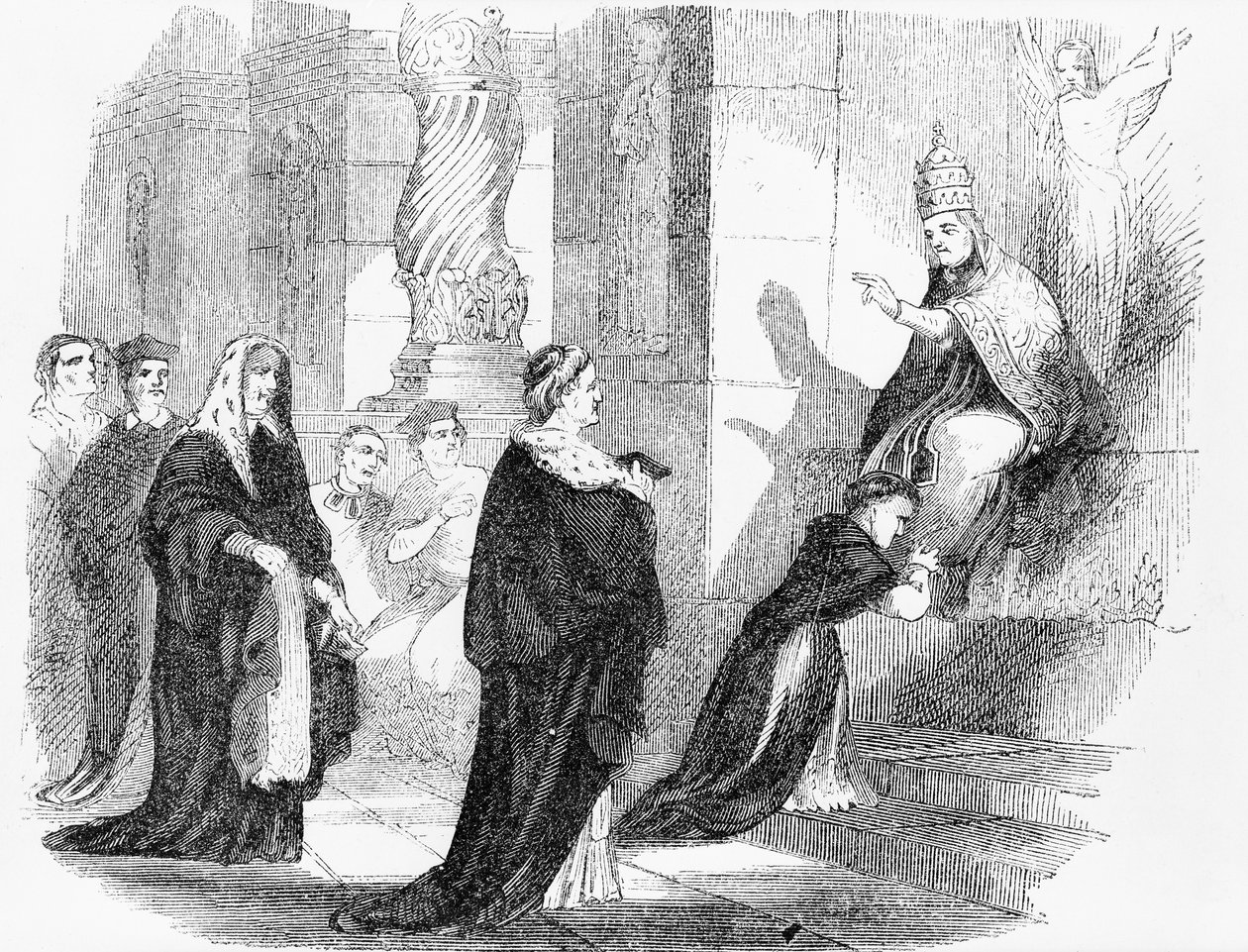 Ilustracja z antykatolickiej broszury przedstawiająca księdza całującego szaty papieża autorstwa American School