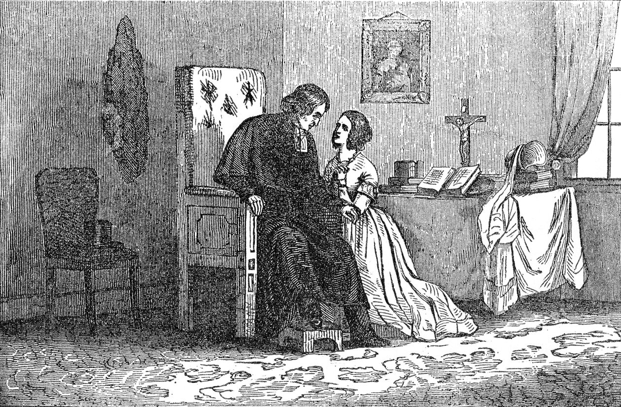 Ilustracja z antykatolickiej broszury przedstawiająca młodą kobietę uwiedzioną przez księdza autorstwa American School