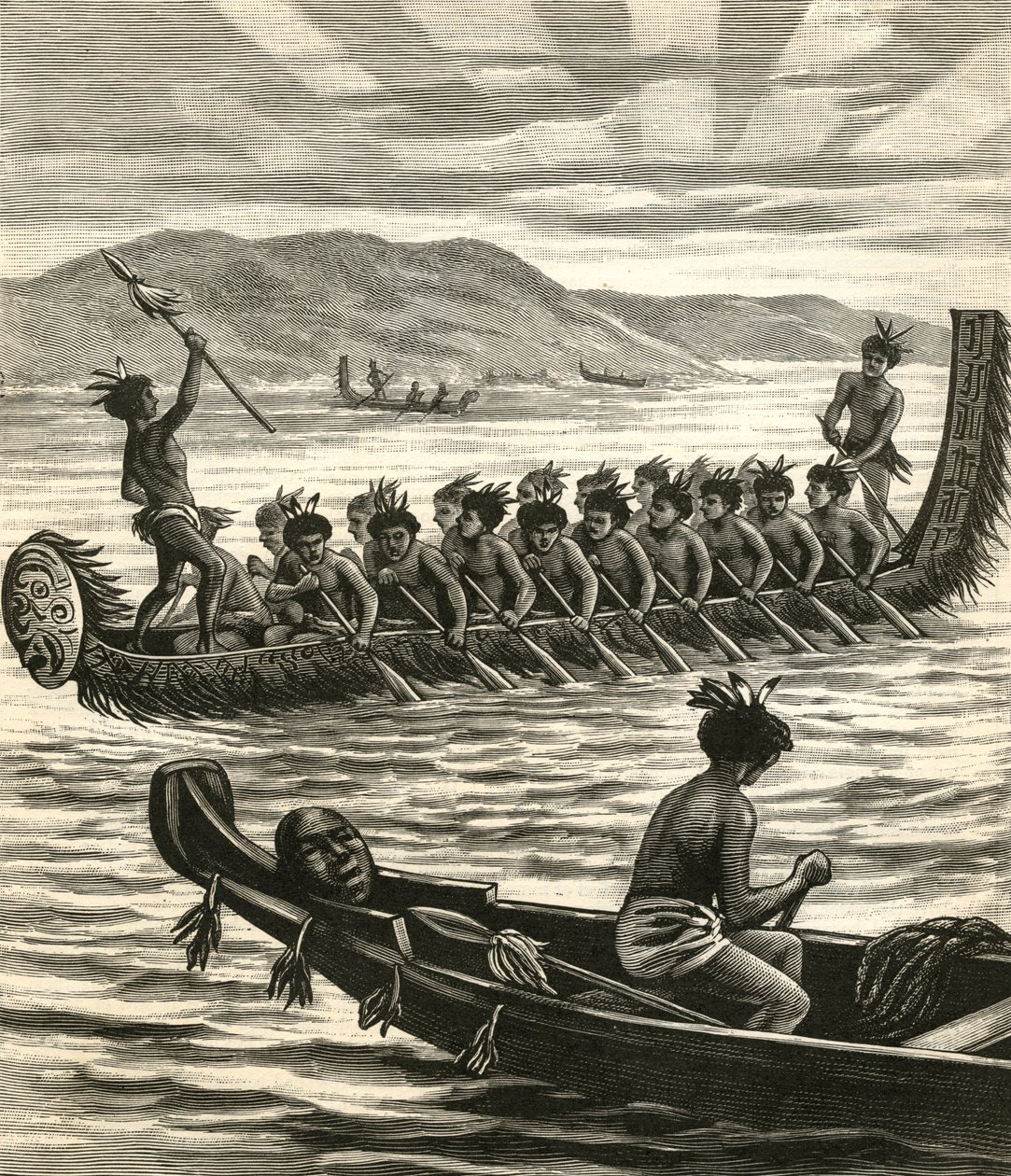 Ilustracja przedstawiająca maoryskich wojowników w kajakach autorstwa American School