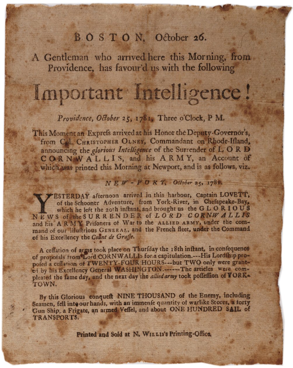 Ważna inteligencja! (zapowiadająca kapitulację Cornwallis w Yorktown), mała burta wydrukowana przez M. Willisa, Boston, 26 października 1781 autorstwa American School