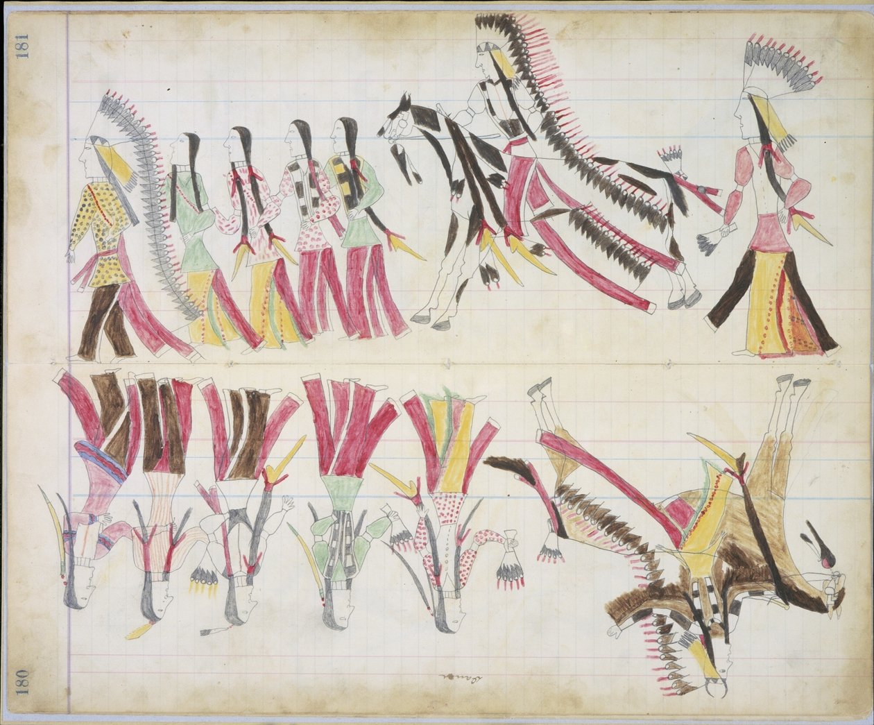 Taniec indyjski, ilustracja z Black Horse Ledger, 1877-79 (ołówek i kredka na papierze) autorstwa American School