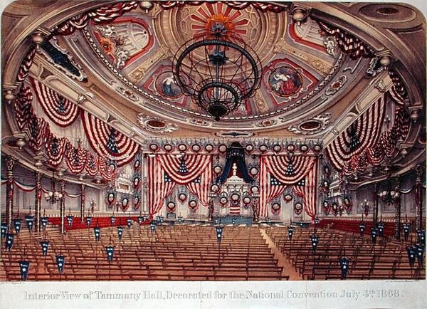 Widok wnętrza sali Tammany Hall, udekorowanej na Konwent Narodowy w dniu 4 lipca autorstwa American School