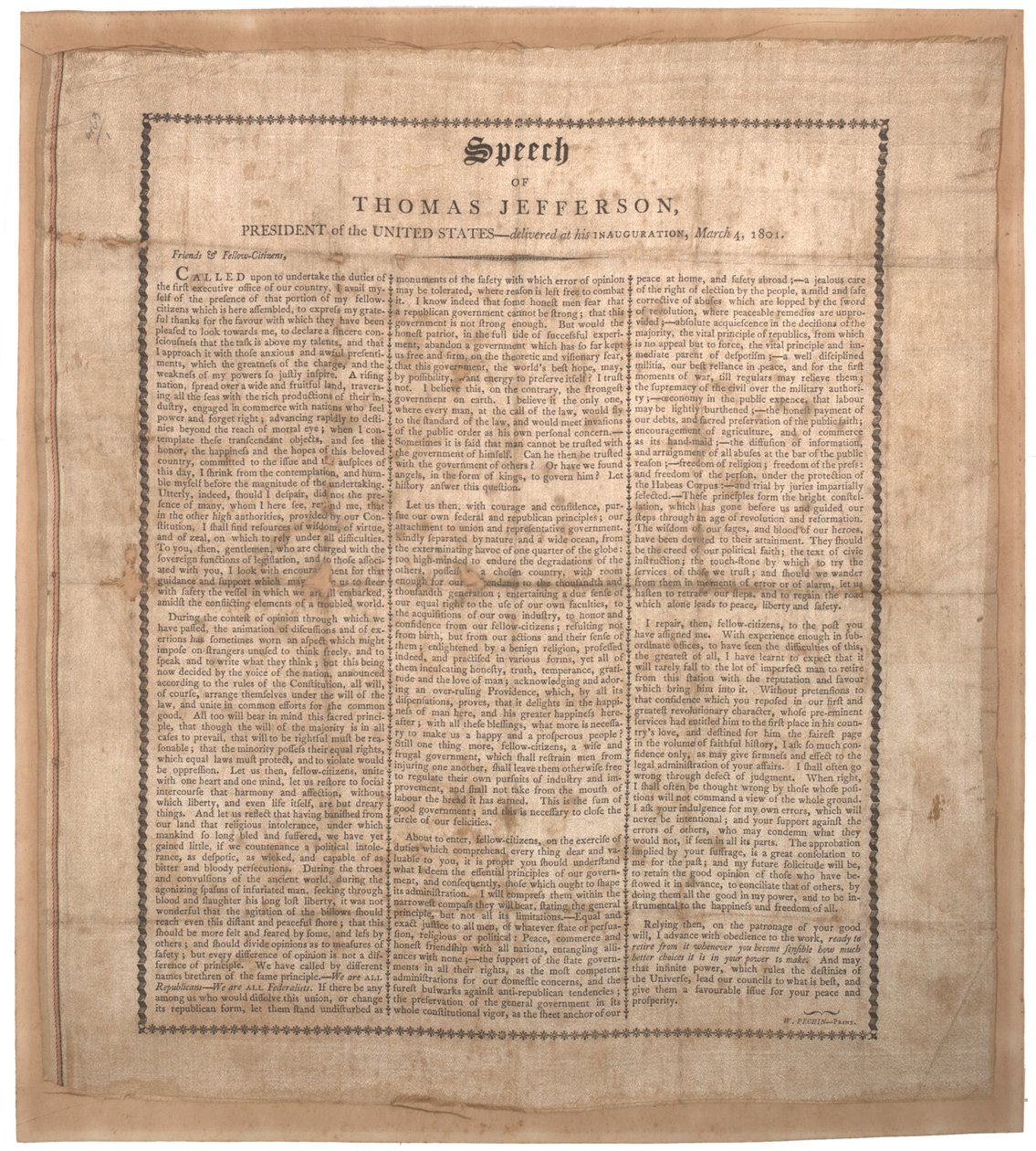 Pierwsze przemówienie inauguracyjne Jeffersona, wydrukowane przez Pechin, Baltimore, 4 marca 1801 r. (lito na jedwabiu) autorstwa American School