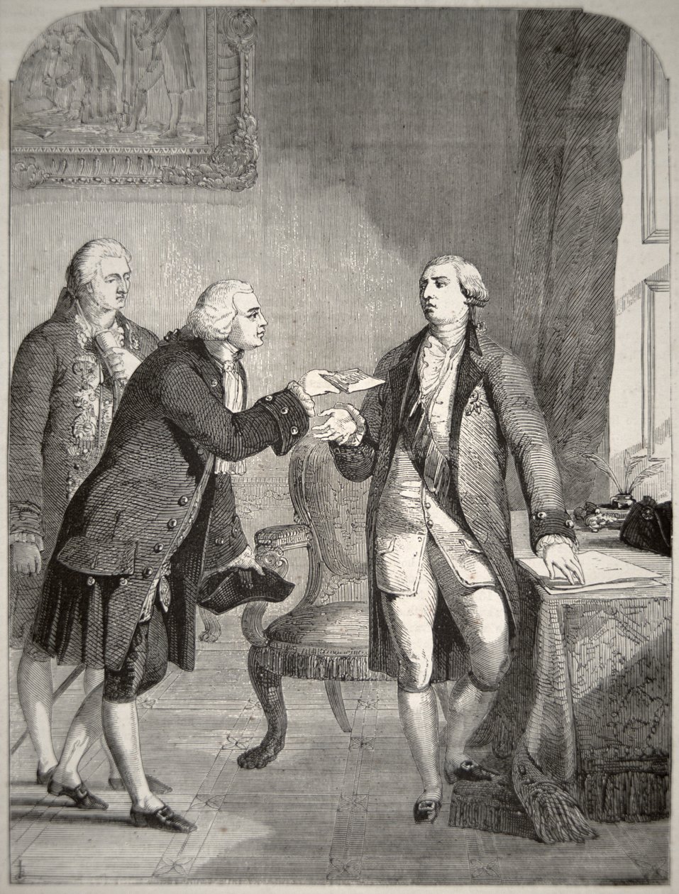 John Adams (1735-1826) jako pierwszy amerykański ambasador na dworze angielskim, przedstawiając swoje listy uwierzytelniające królowi Jerzemu III (1738-1820) (litografia) autorstwa American School