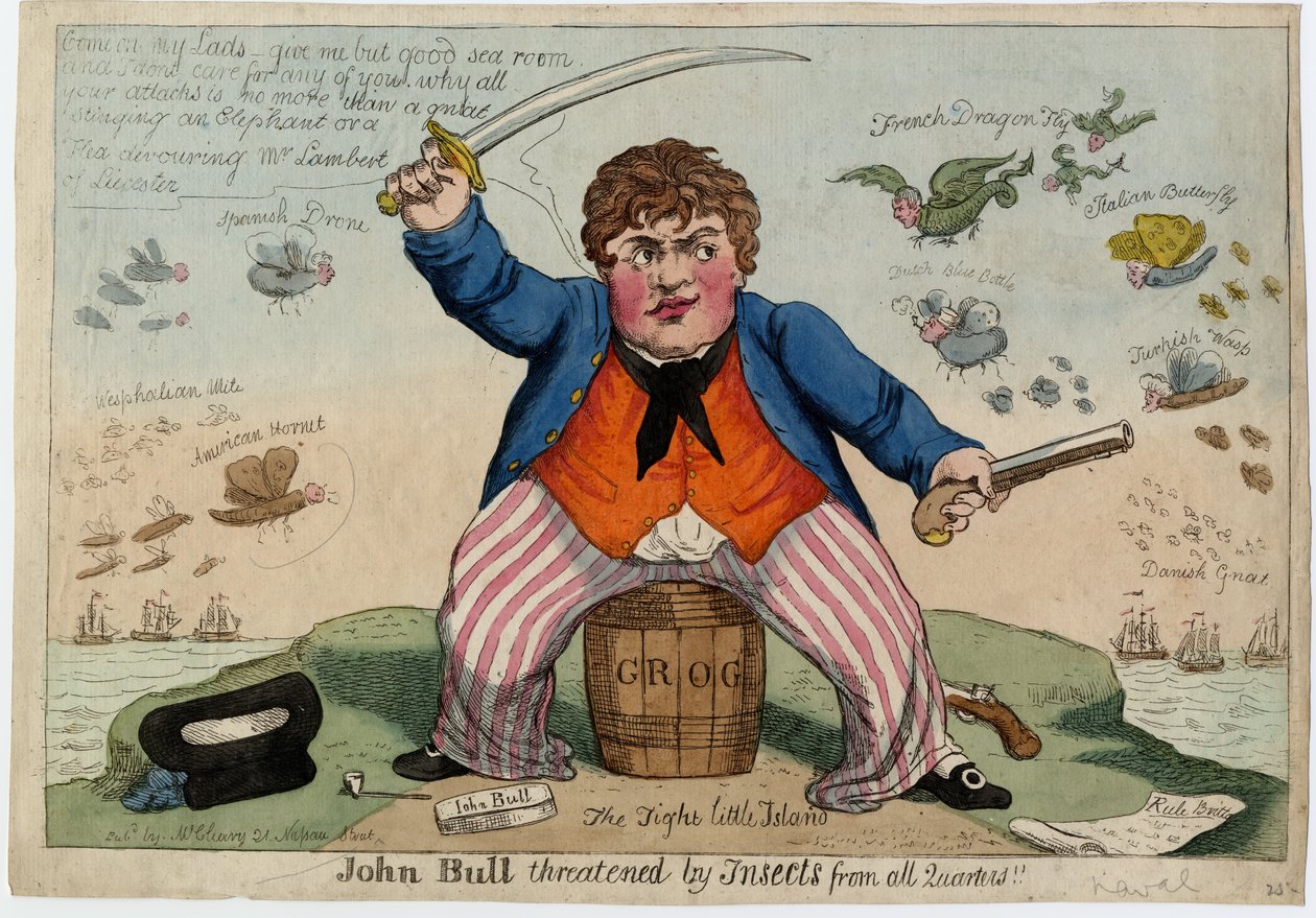 John Bull zagrożony przez owady ze wszystkich stron, ok. 1813 (akwaforta ręcznie kolorowana) autorstwa American School